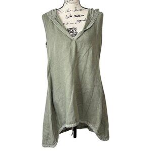 Inizio Hooded Tunic Linen Top Sleeveless Green Button-Back Italy Womens Size L